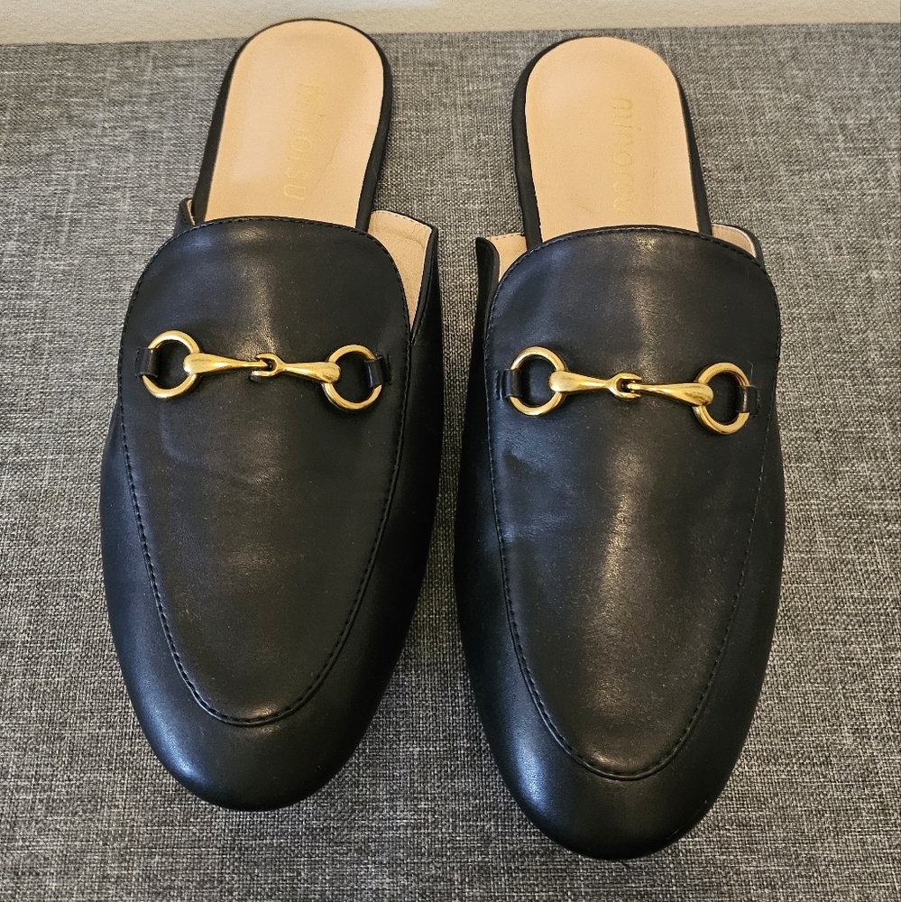 Black Leather Mules with Gold Detail